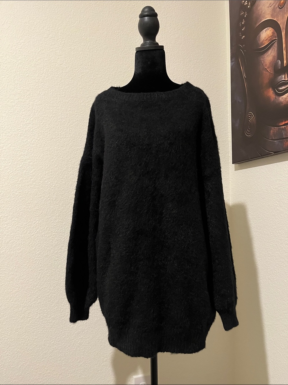 Women's Black Fuzzy Crewneck Sweater - Plush Everyday Pullover